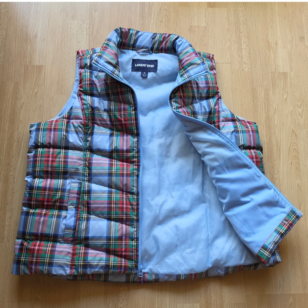 Lands End Womens 1X Plaid Down Puffer Vest Blue Red Green Quilted Zip 16W-18W - Picture 9 of 9